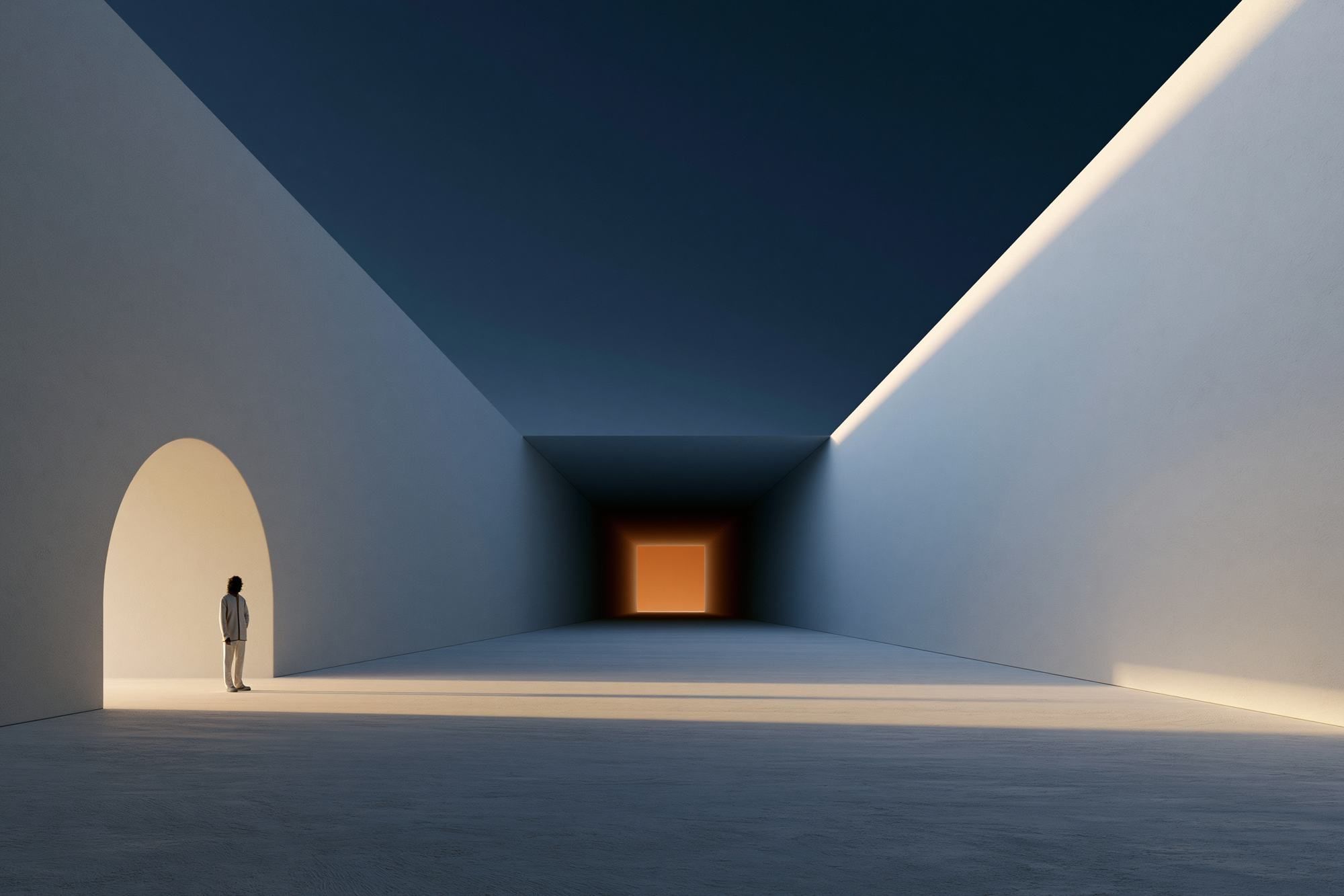 A small figure at the mouth of an arched tunnel, lit from the far end