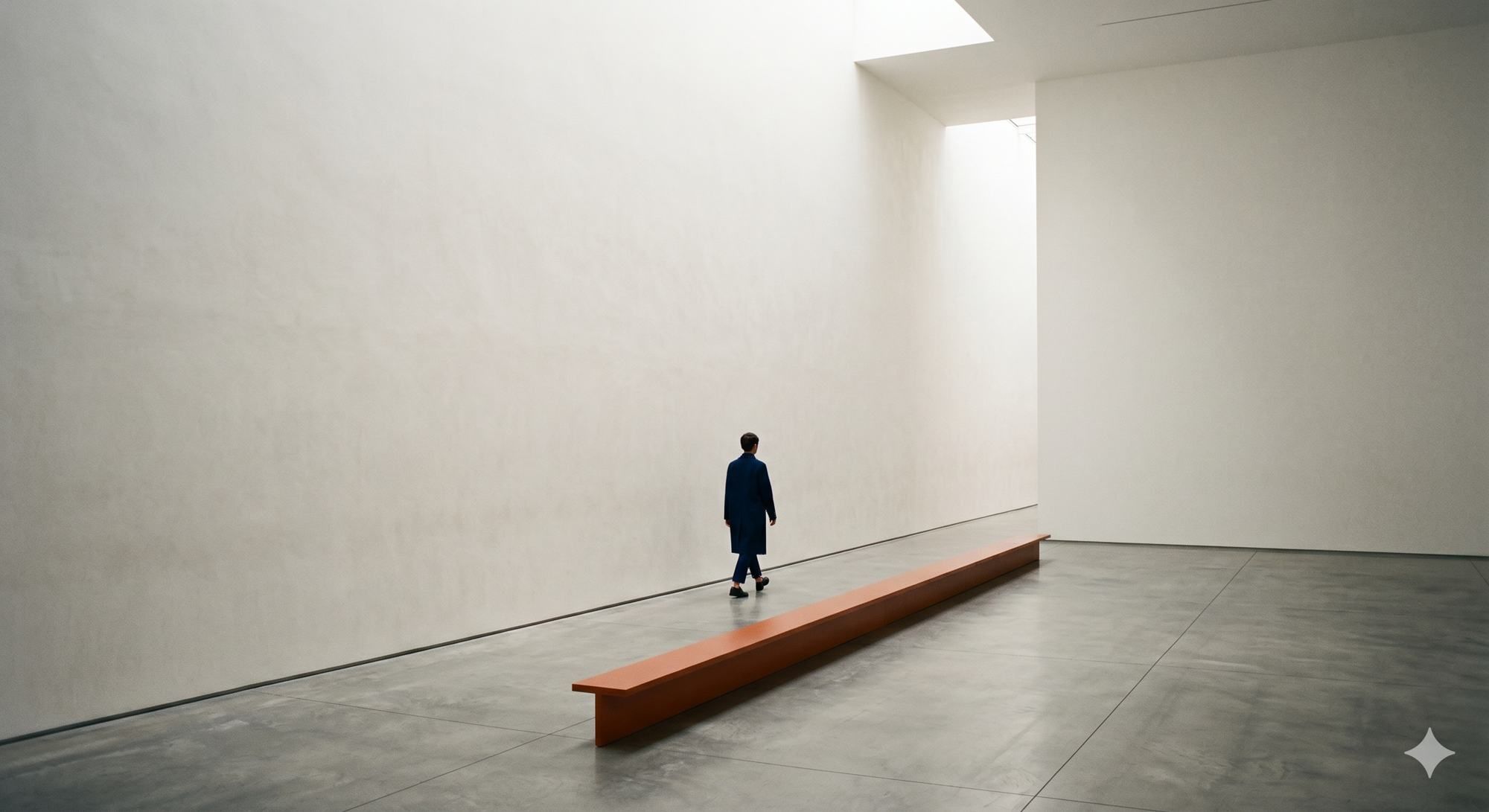 A figure walking past a long low bench in a quiet, light-filled hall