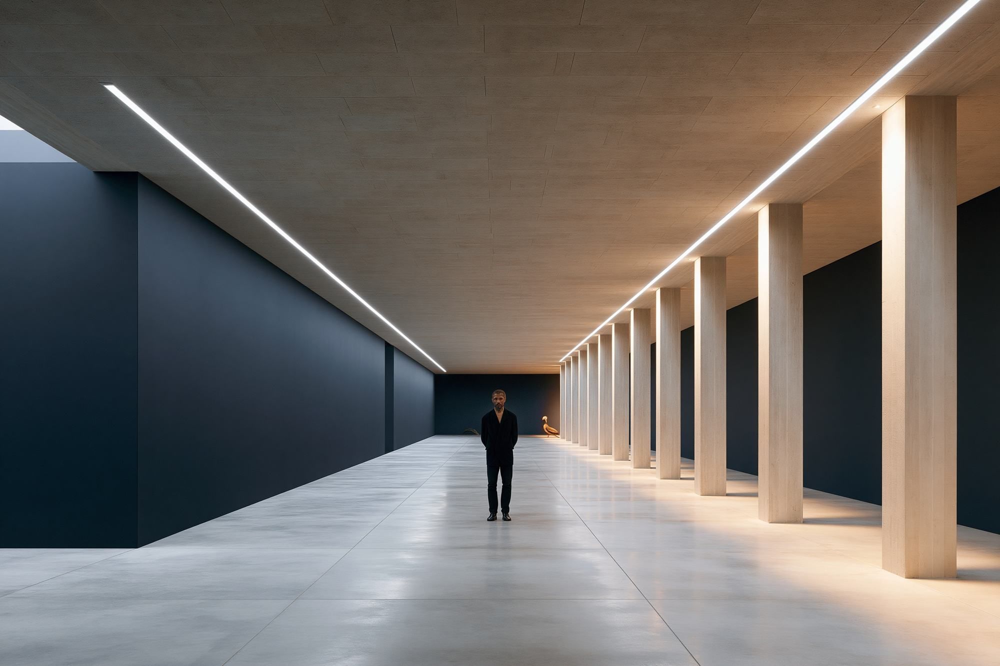 A long colonnade with a single figure, light falling between the columns