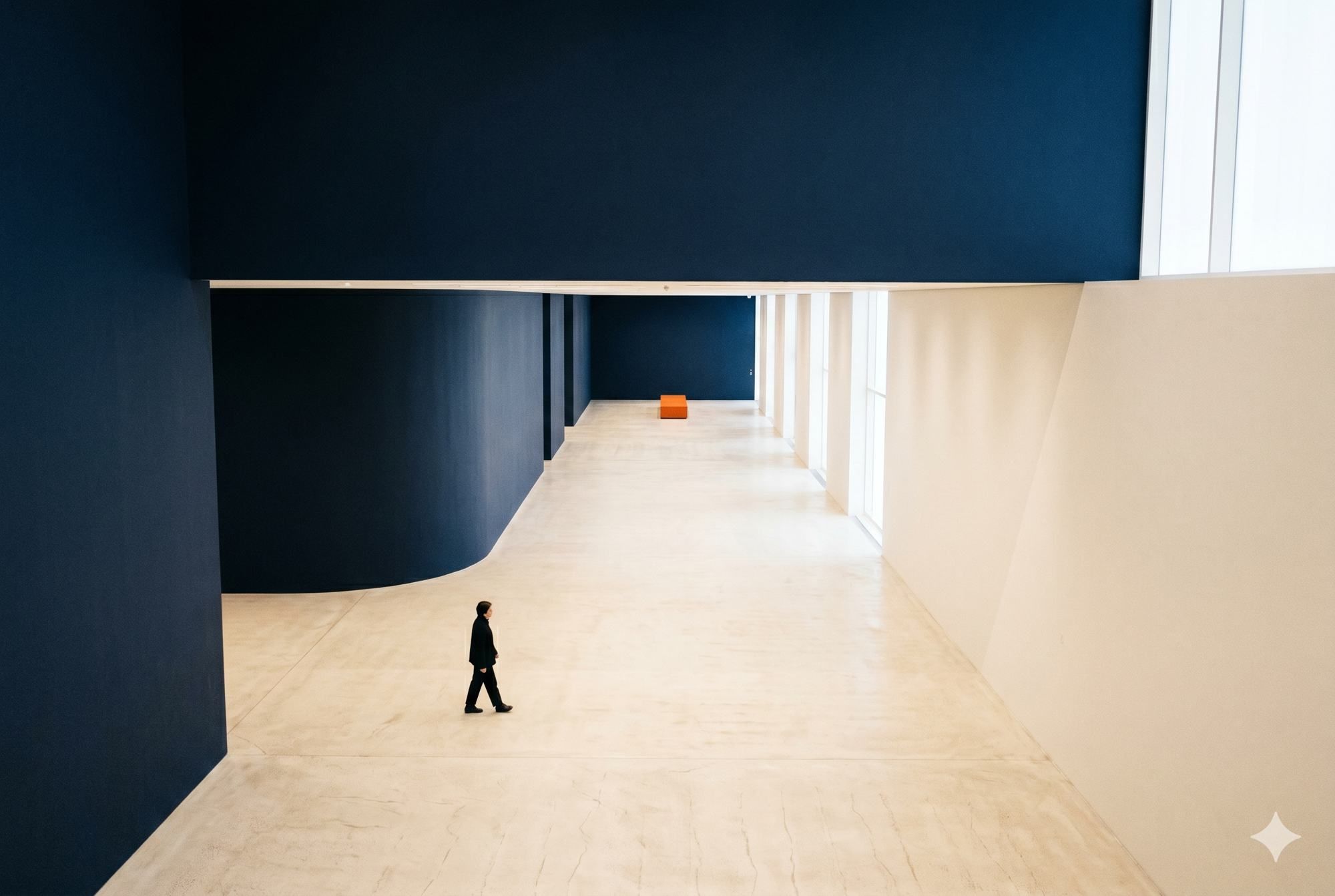 A figure walking a long curved corridor
