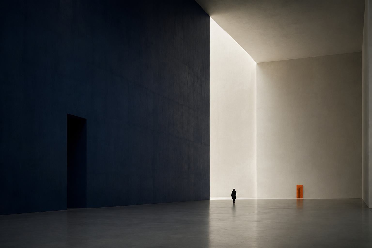 A figure in a pale, light-filled hall beside a dark wall