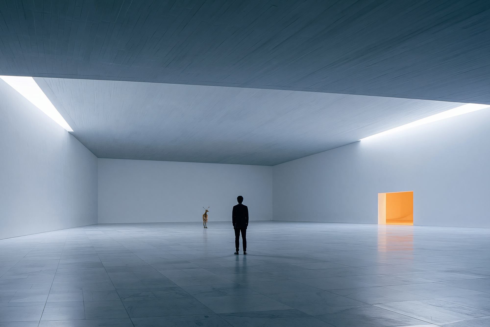 A figure standing in a wide, pale hall